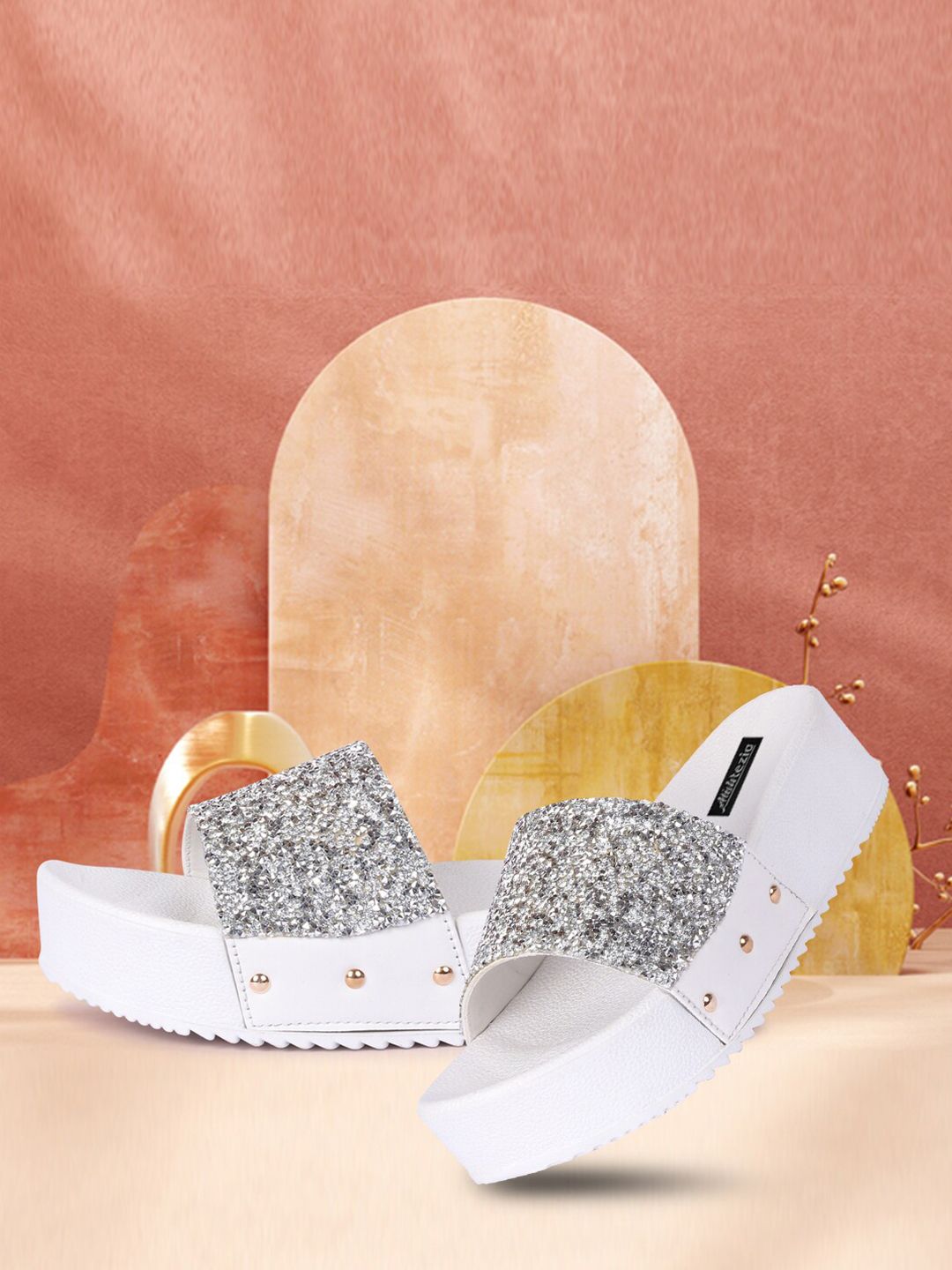 Alishtezia Women White & Silver-Toned Embellished Sliders Price in India