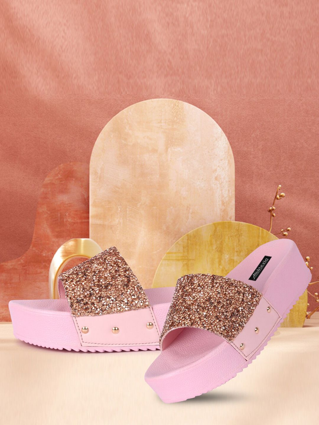 Alishtezia Women Pink & Gold-Toned Embellished Sliders Price in India