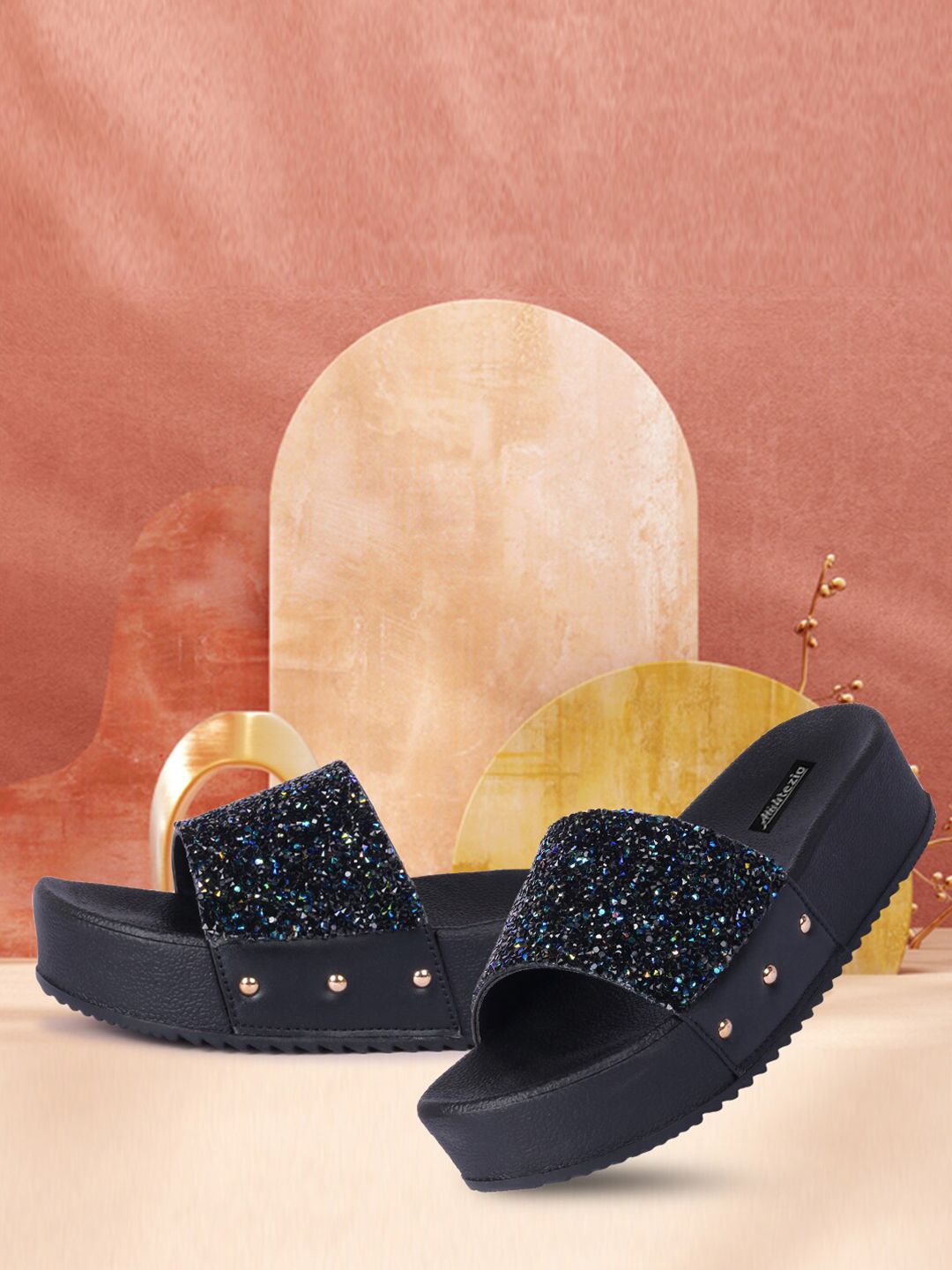 Alishtezia Women Black Embellished PU Flat Sliders Price in India