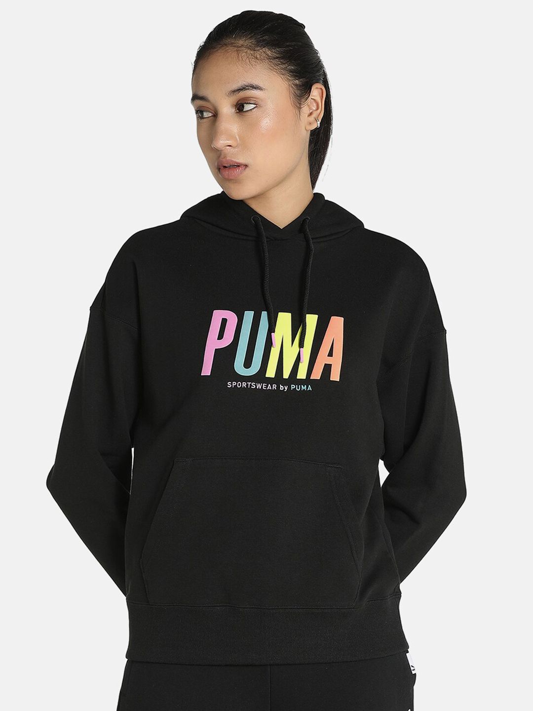 Puma Women Black Printed Hooded Sweatshirt Price in India