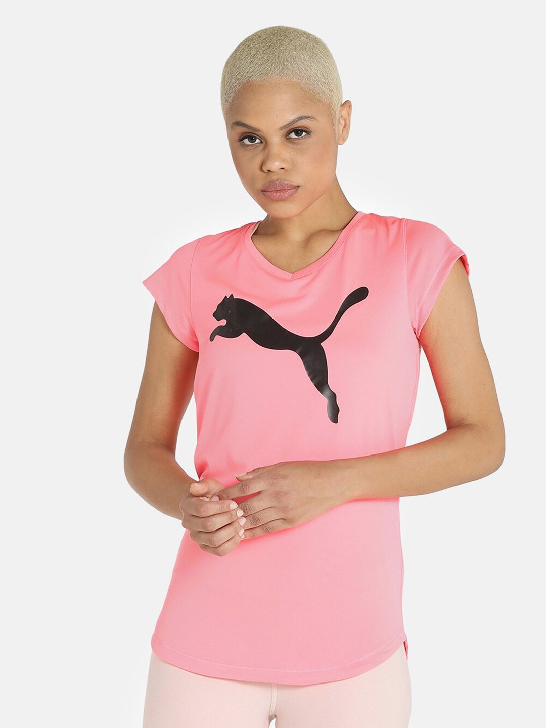 Puma Women Pink Printed Heather Cat Training or Gym T-shirt Price in India