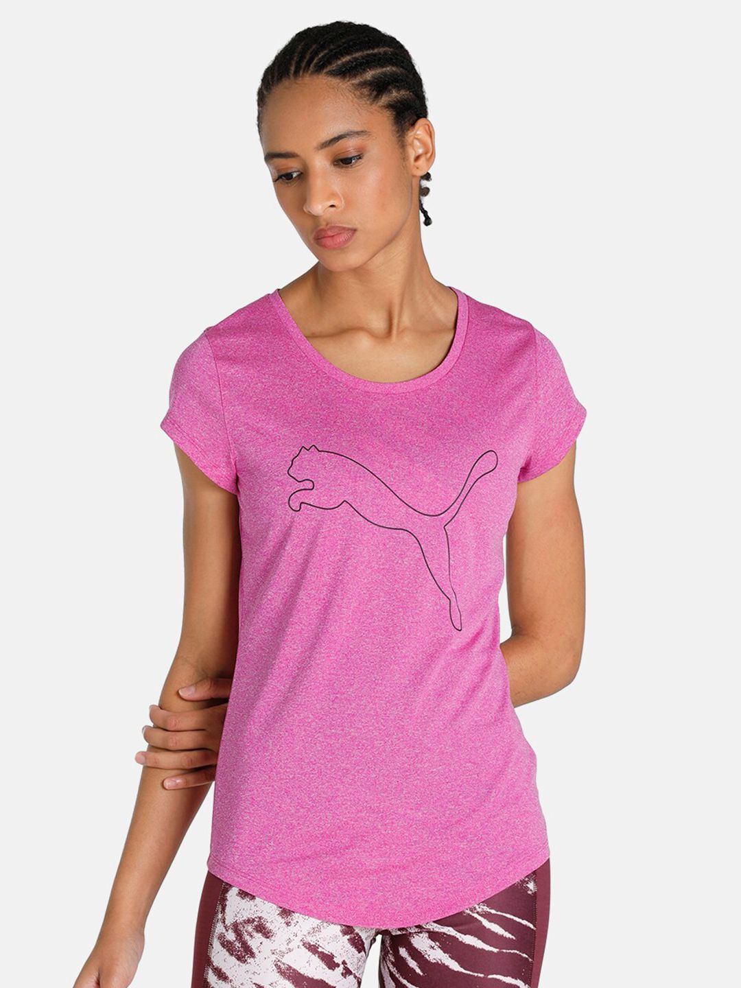 Puma Women Pink & Black Printed Performance Heather Regular Fit Training or Gym T-shirt Price in India