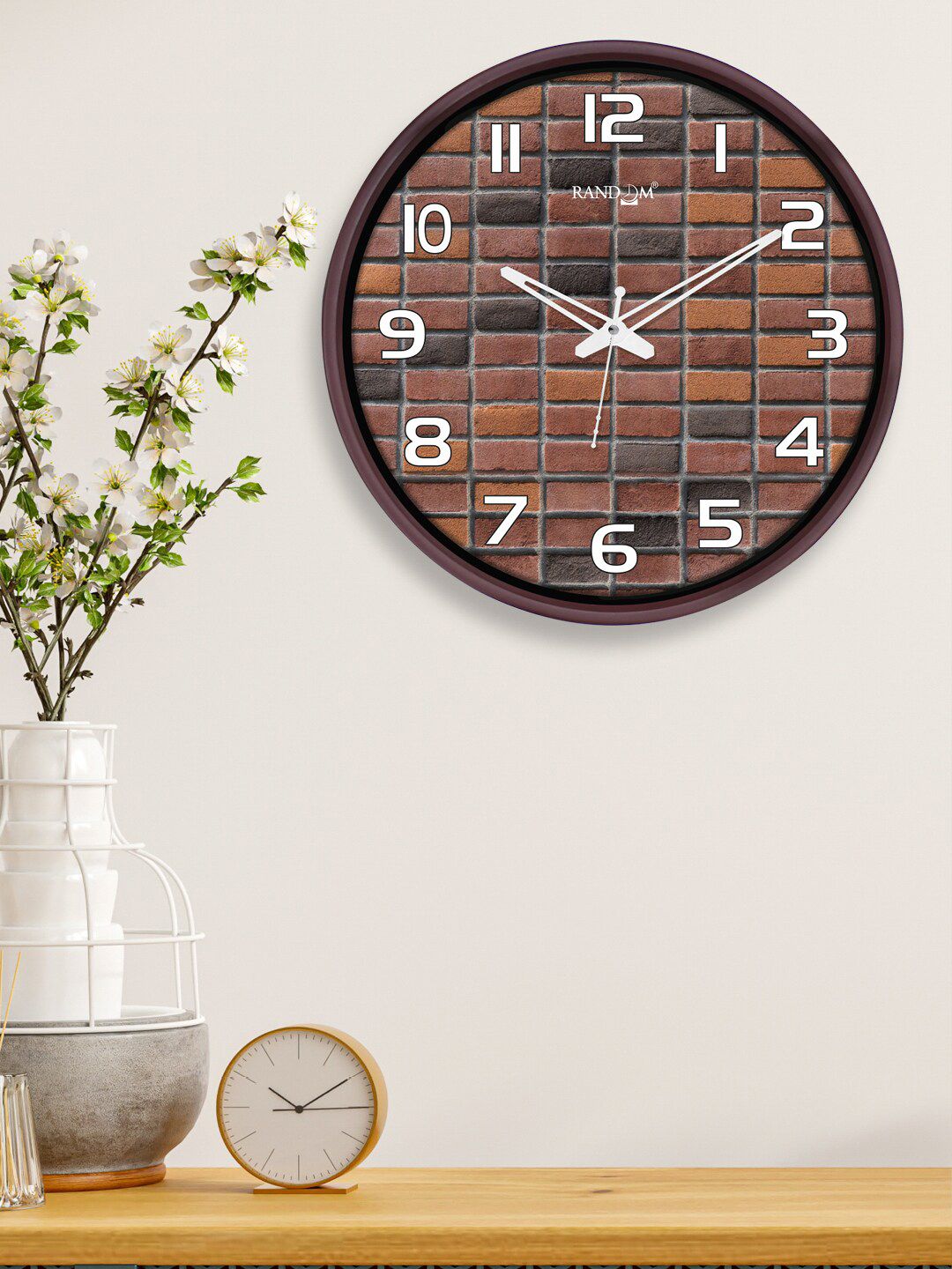 RANDOM Coffee Brown & White Printed 12 Inch Dual Frame Contemporary Wall Clock Price in India