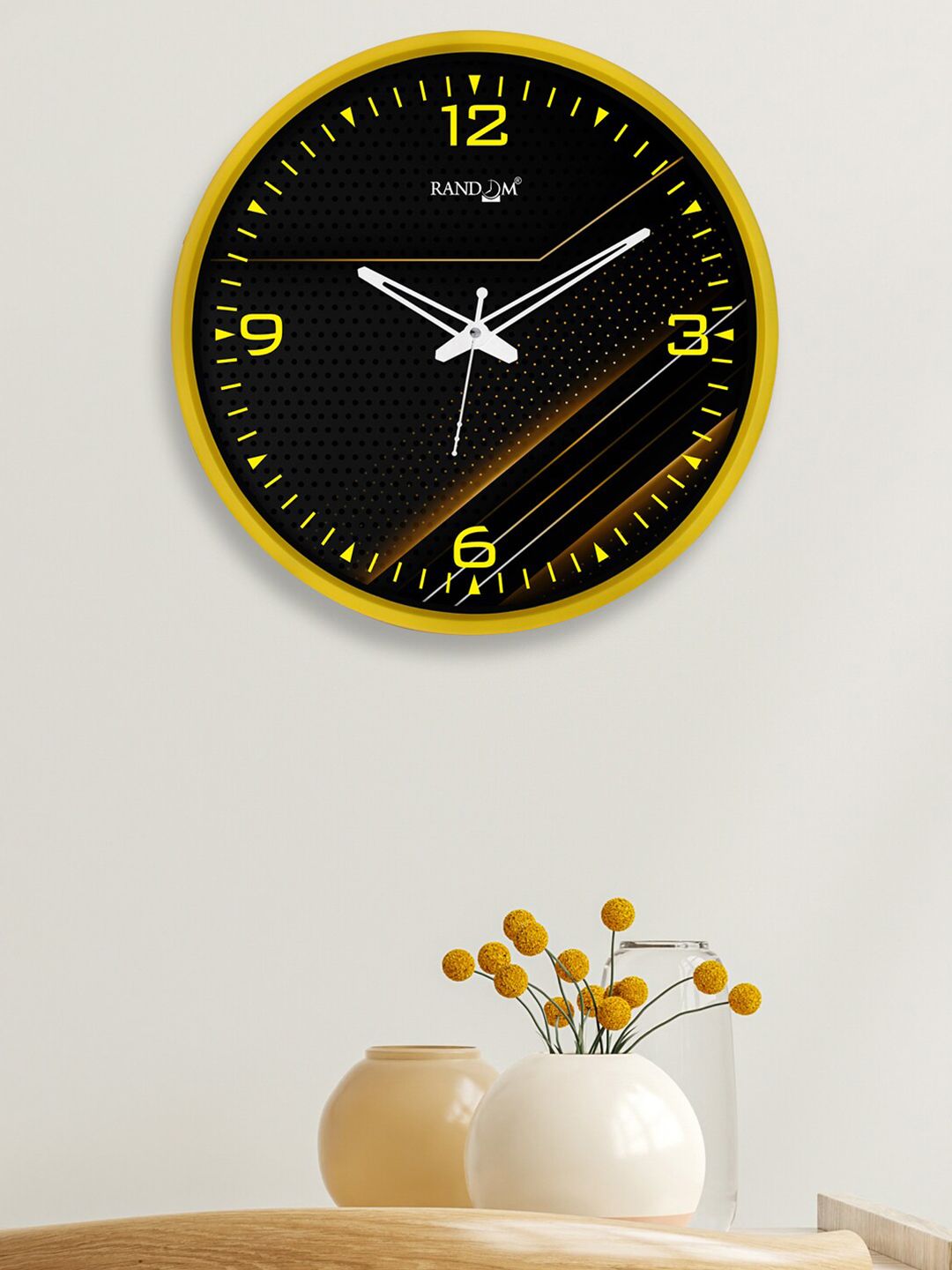 RANDOM Black & Yellow Printed Contemporary Analogue Wall Clock Price in India