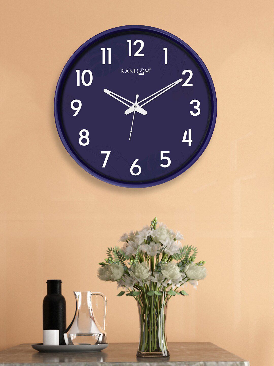 RANDOM Navy Blue & White 12-Inch Dual Frame Printed Leaves Wall Clock With Glass Price in India