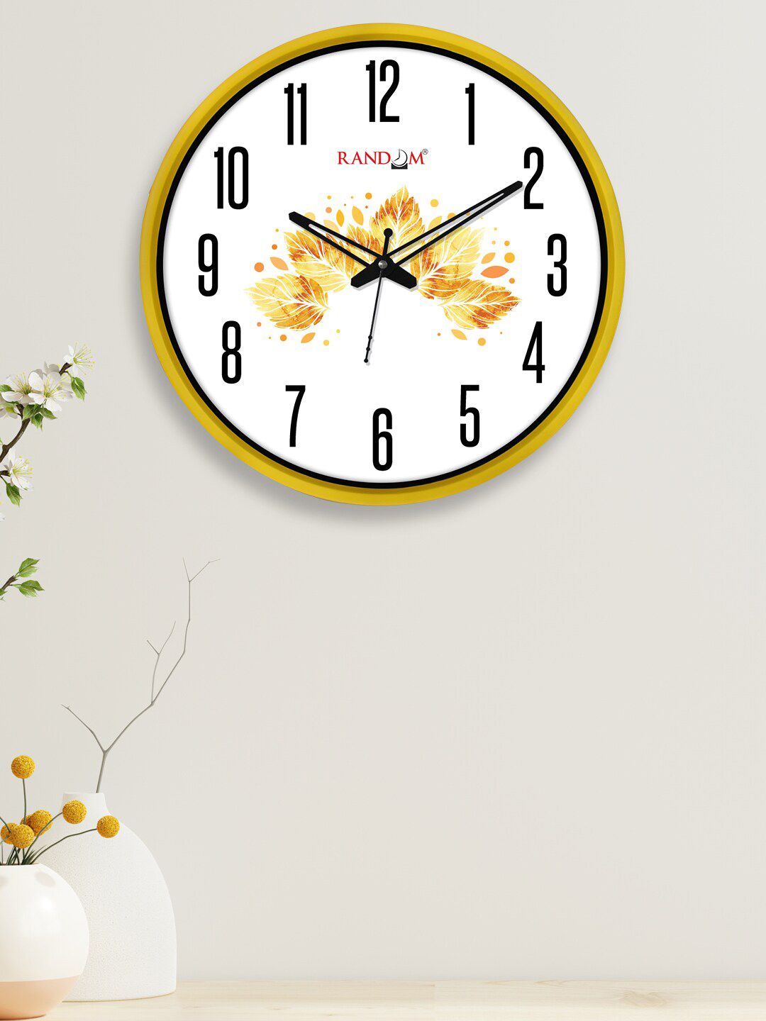 RANDOM White & Black 12-Inch Dual Frame Tropical Leaves Wall Clock With Glass Price in India