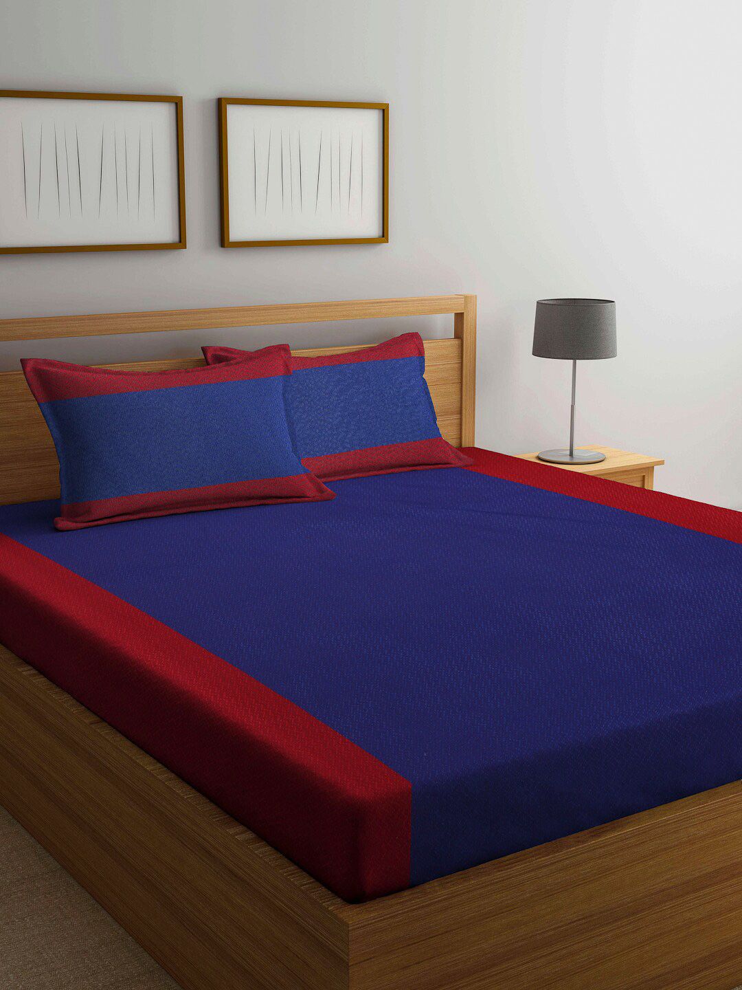 Arrabi Red & Navy Blue Striped Handwoven 300 TC Double King Bedsheet with 2 Pillow Covers Price in India