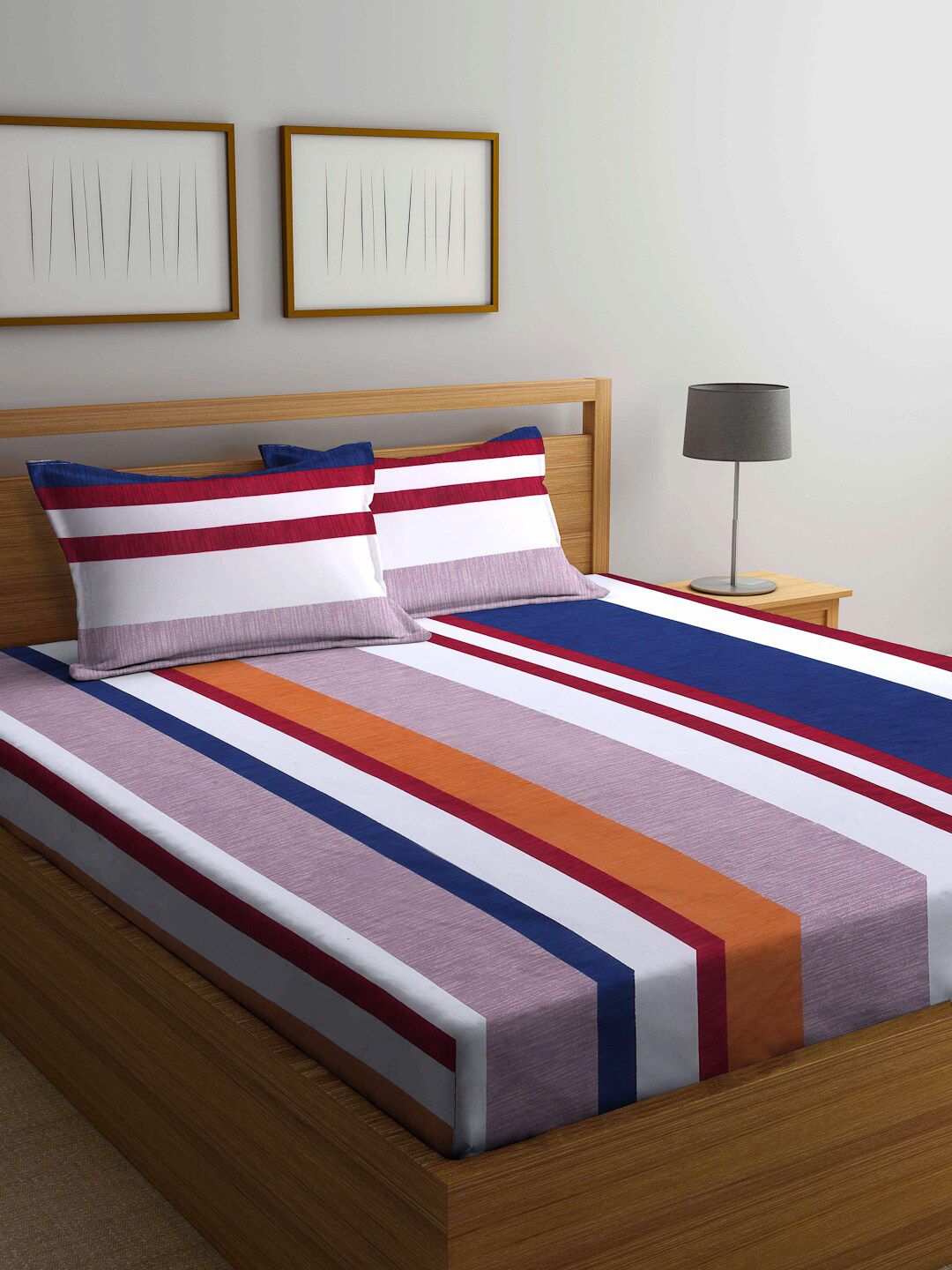 Arrabi Multi Color Striped 300 TC Double King Bedsheet with 2 Pillow Covers Price in India