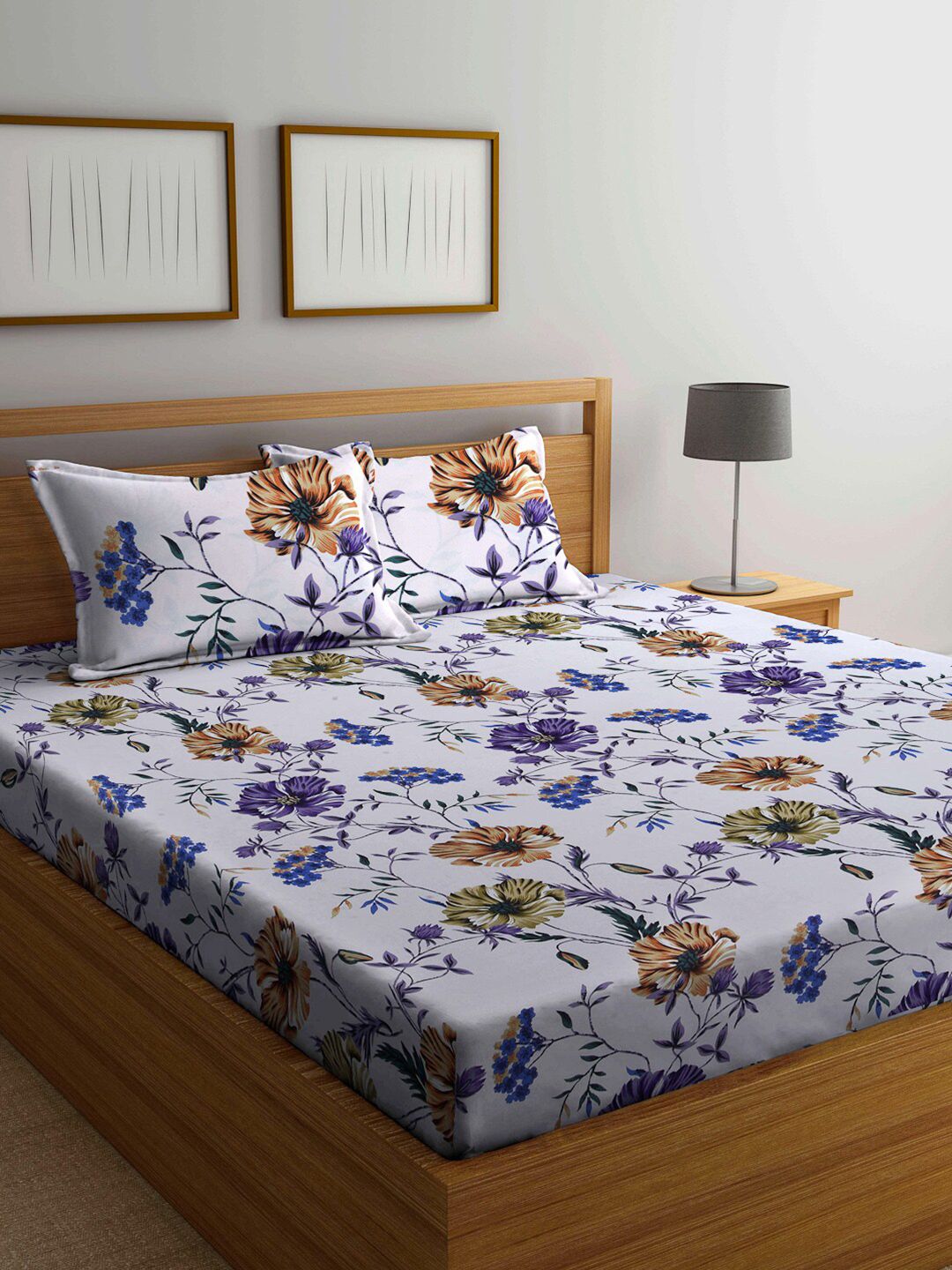 Arrabi White & Blue 300 TC Super King Floral Bed Sheet with 2 Pillow Covers Price in India