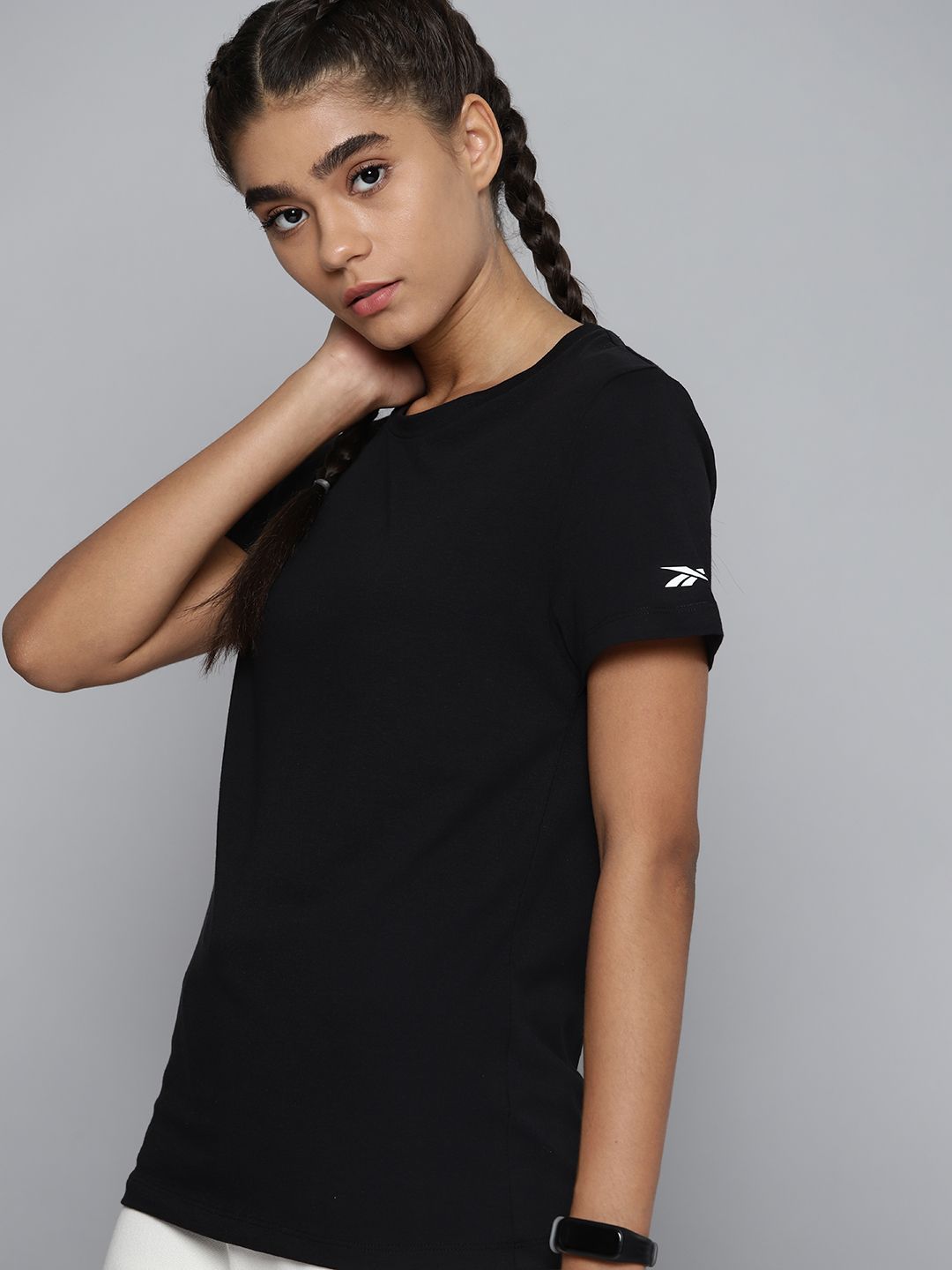 Reebok Women Black Pure Cotton Training or Gym T-shirt Price in India