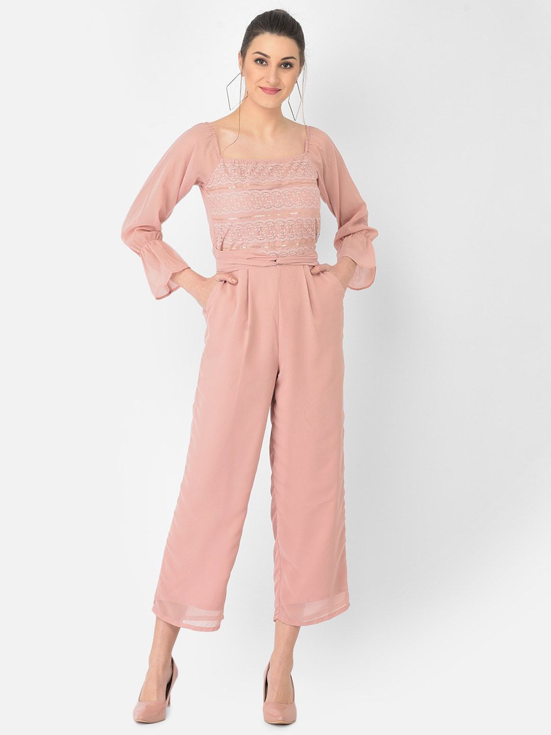 Eavan Women Pink Self Design Sequinned Styled Back Basic Jumpsuit Price in India