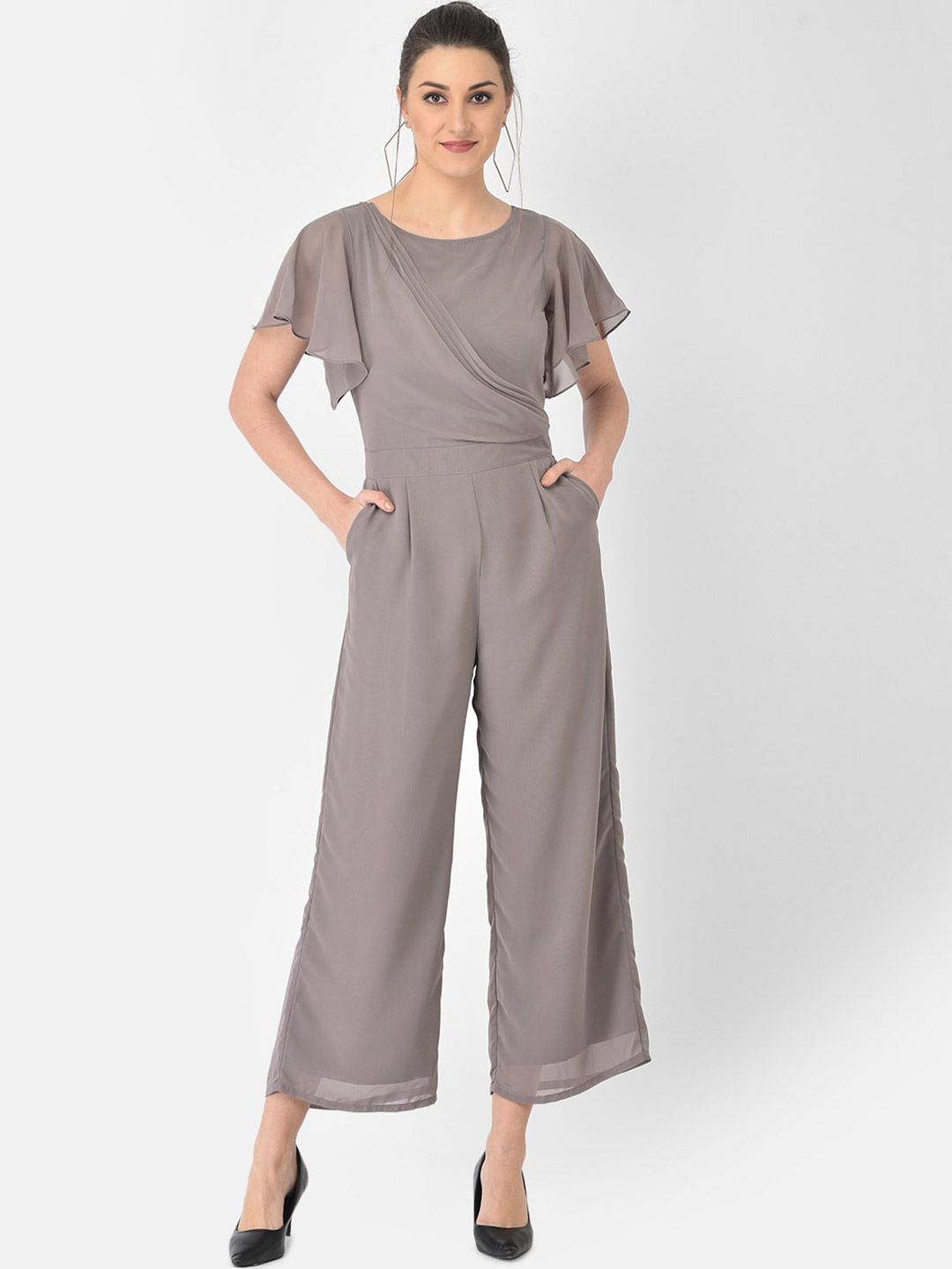 Eavan Taupe Basic Draped Solid Jumpsuit Price in India