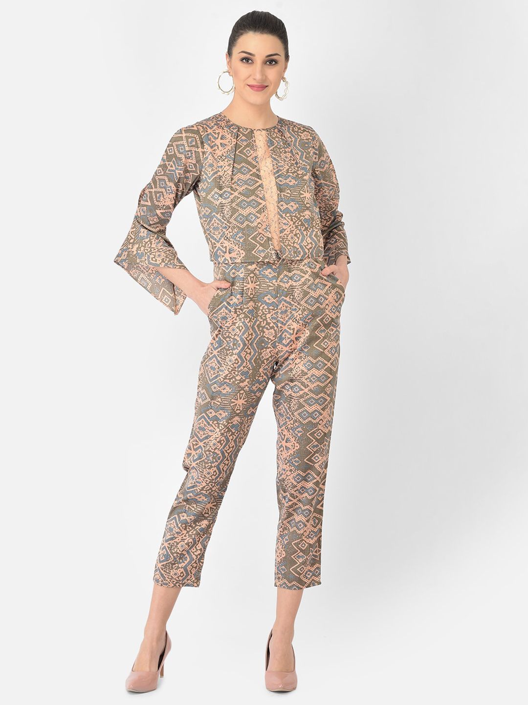 Eavan Women Peach Printed Basic Jumpsuit Price in India