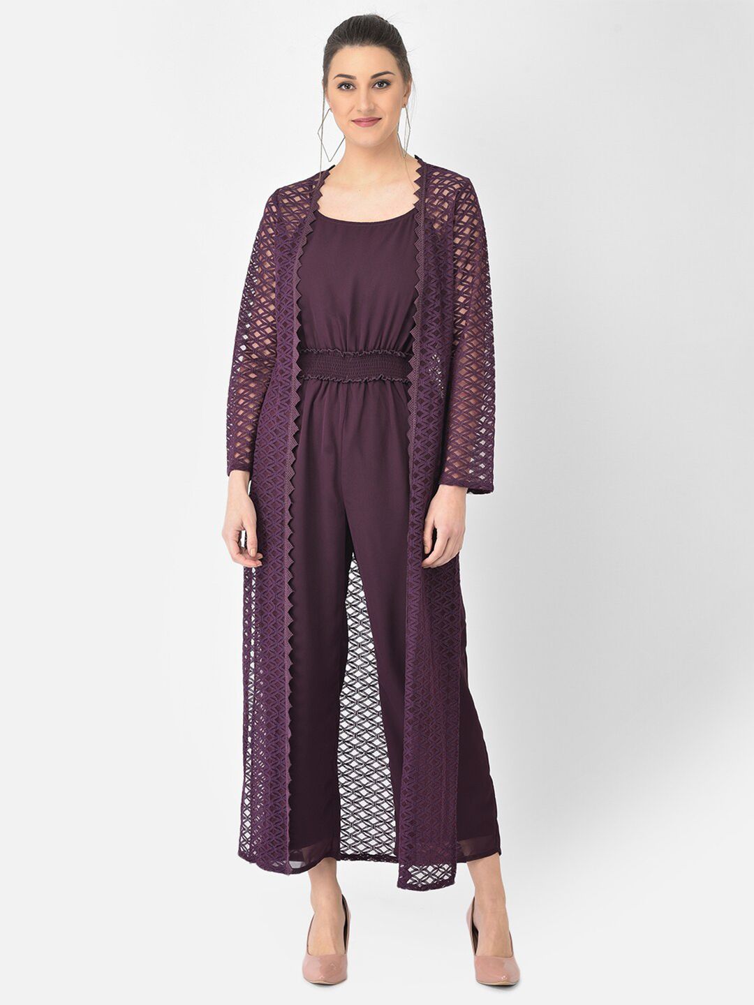 Eavan Burgundy Basic Jumpsuit With Lace Jacket Price in India