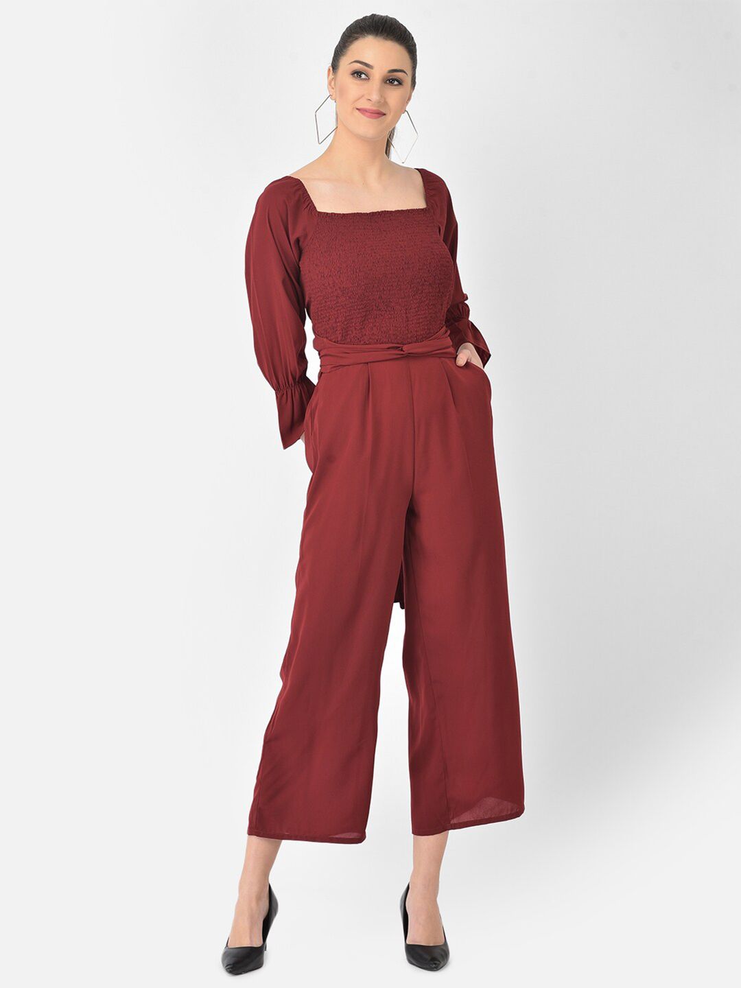 Eavan Women Maroon Smocked Basic Jumpsuit Price in India