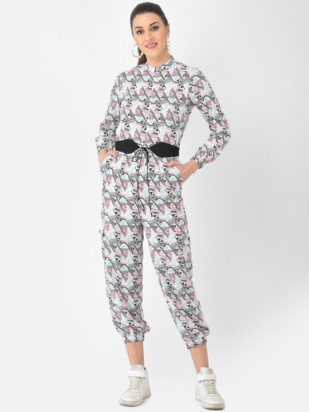 Eavan White & Black Printed Basic Jumpsuit Price in India