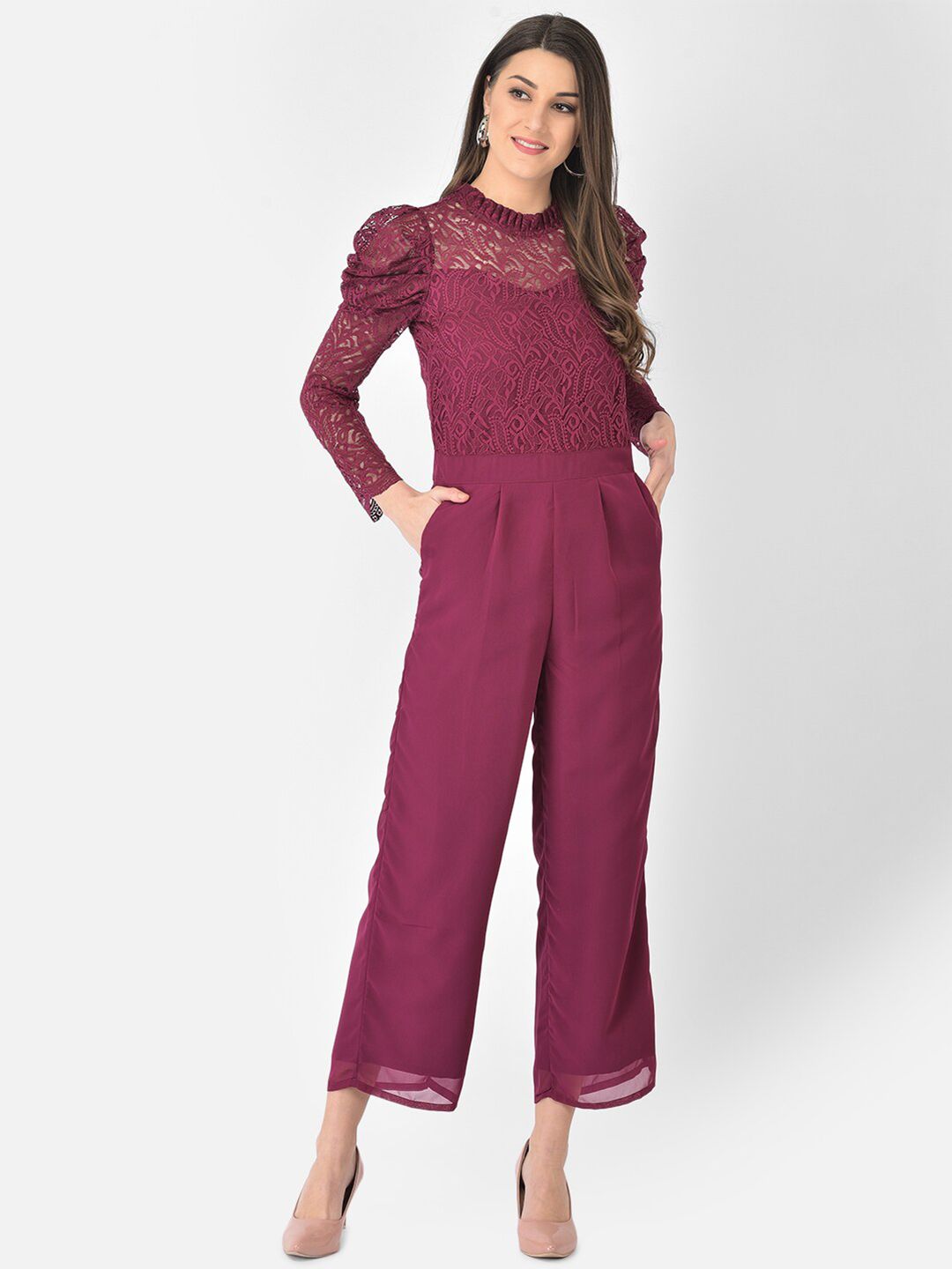 Eavan Burgundy Basic Jumpsuit with Lace Inserts Price in India