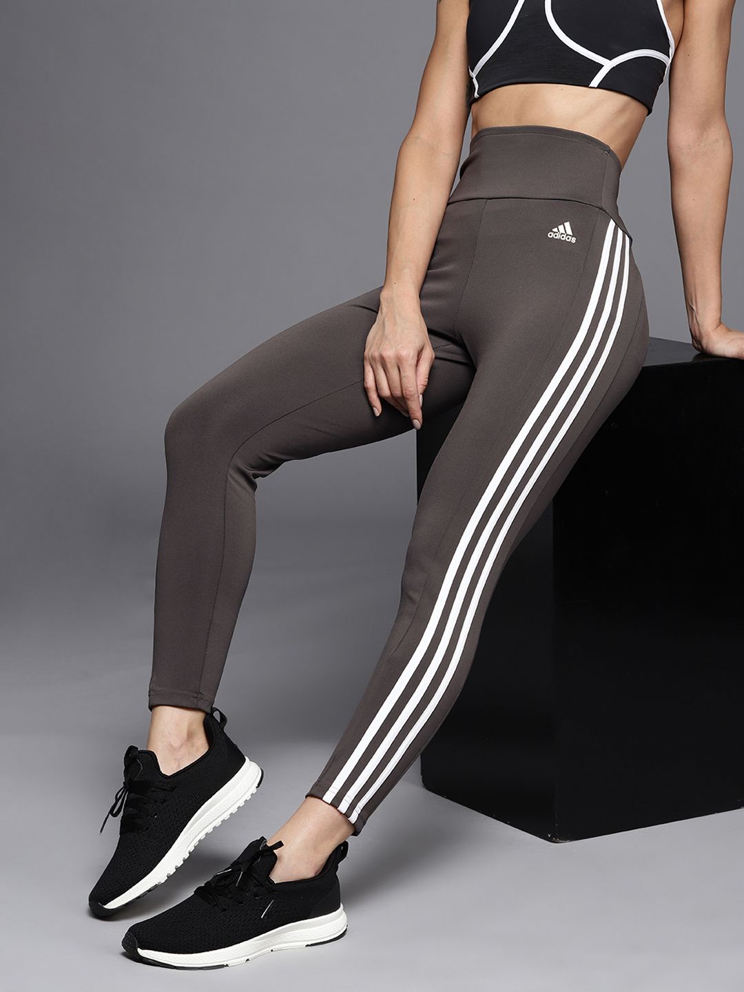 ADIDAS Women Charcoal Solid 3S 78 Side Stripe Detail Aeroready Tights Price in India