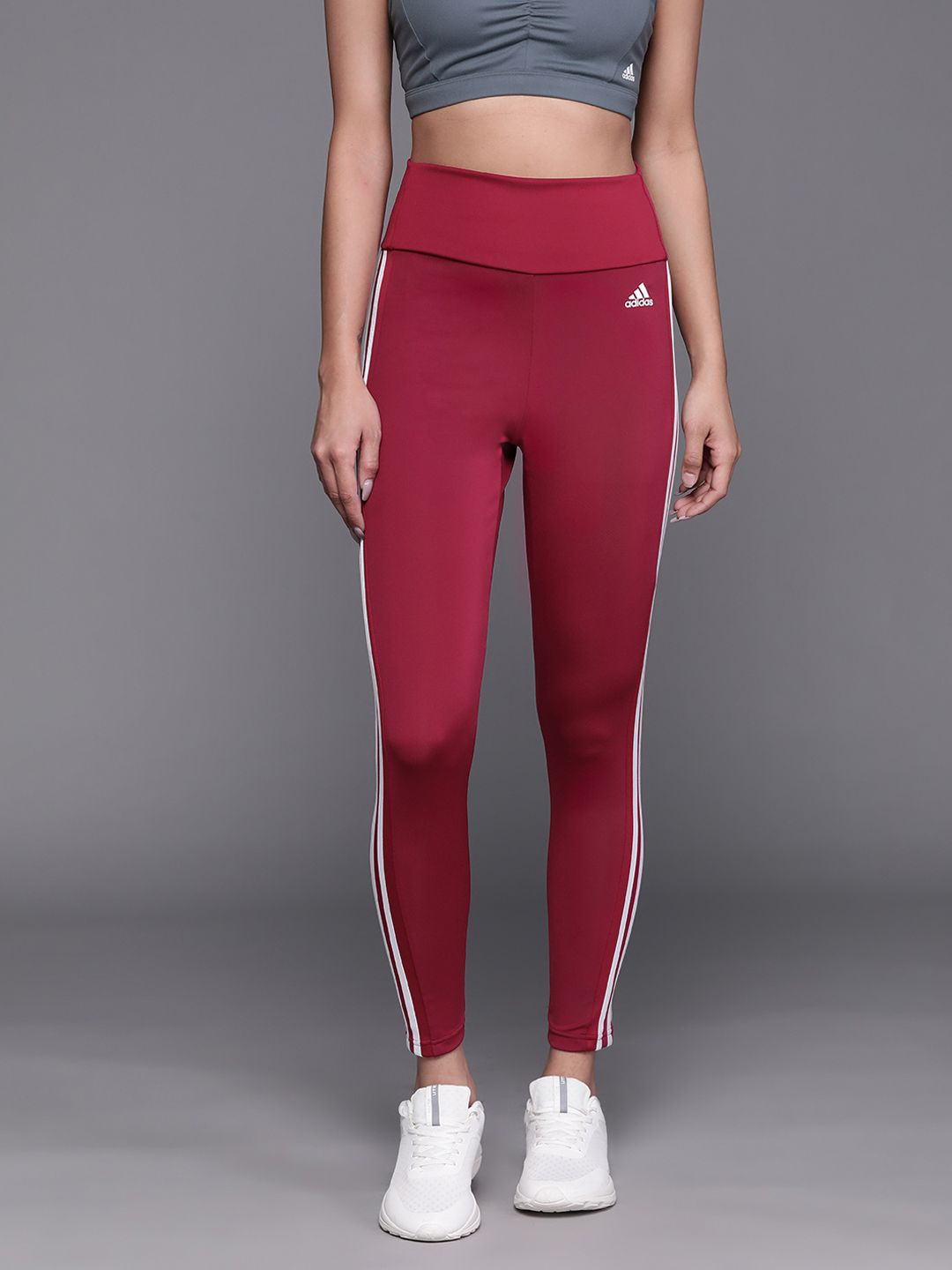 ADIDAS Women Maroon Solid Sports Sustainable Tights with Side Striped Detail Price in India