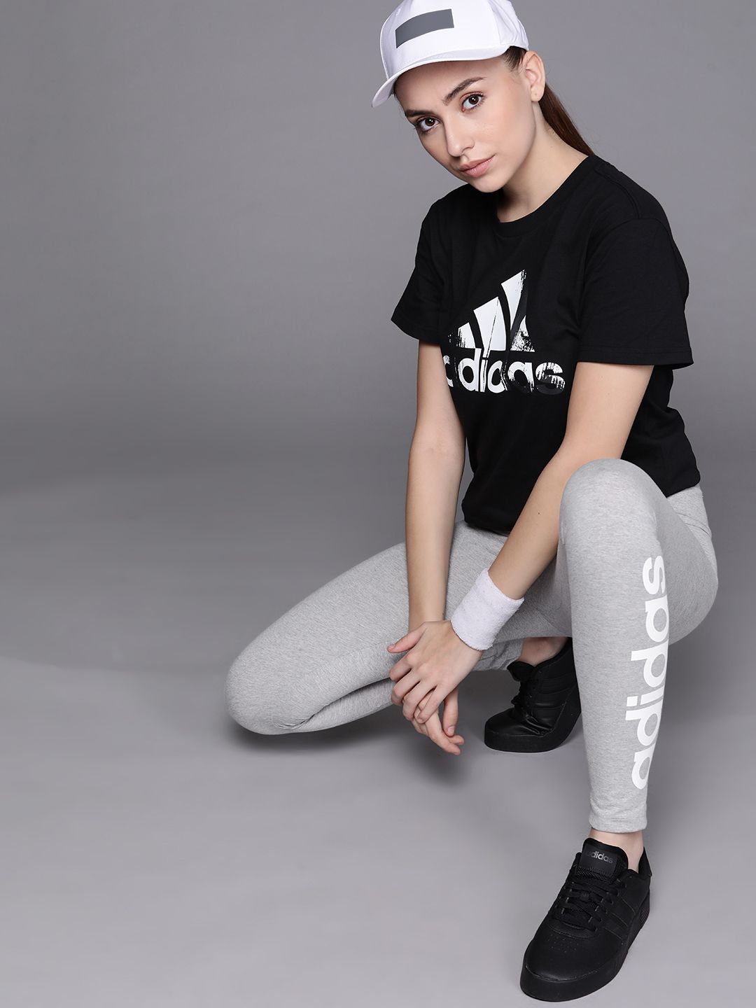 ADIDAS Women Grey Melange & White Linear Brand Logo Solid Tights Price in India