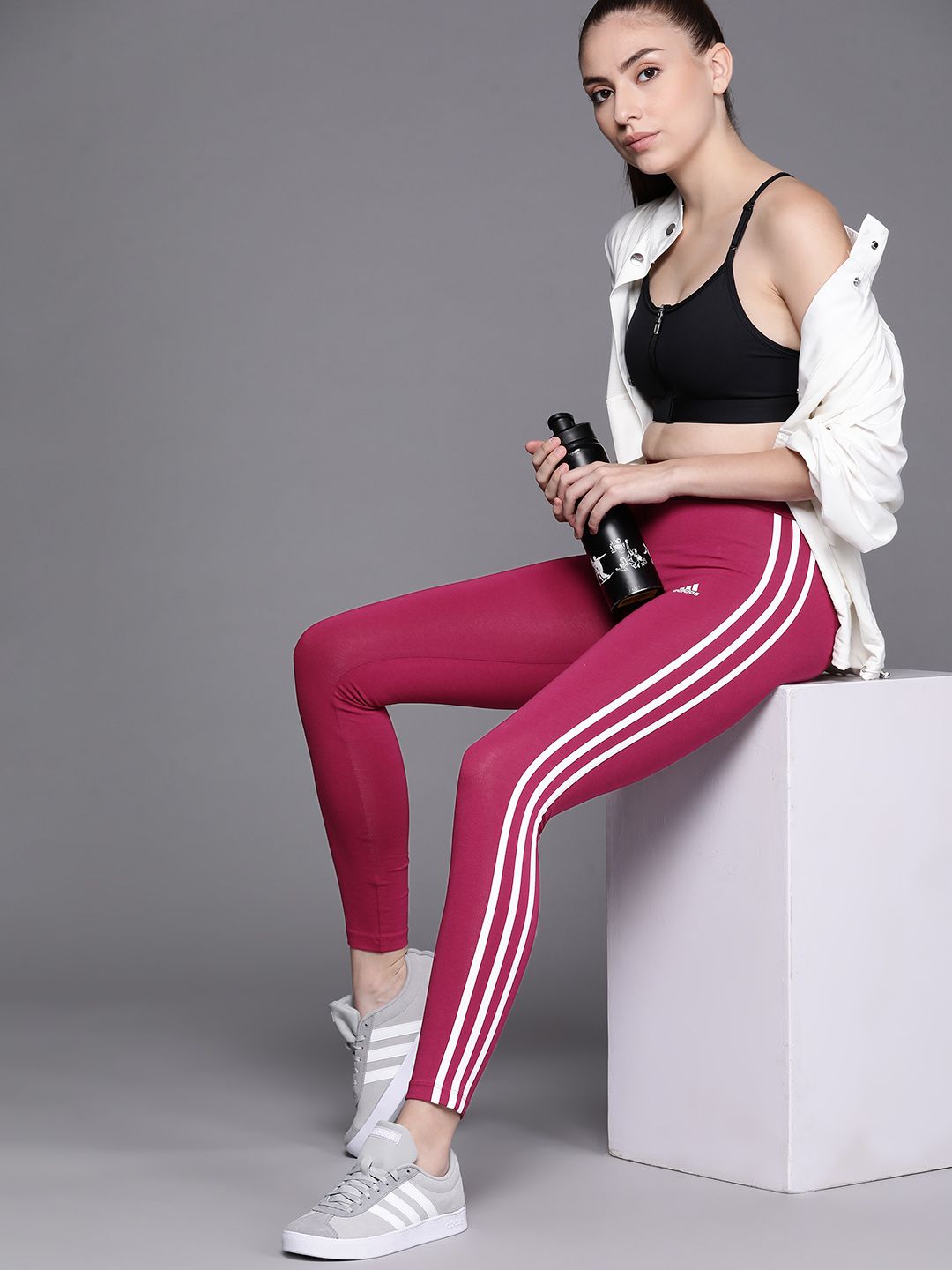 ADIDAS Women Magenta & White 3-Stripes Solid Tights Price in India