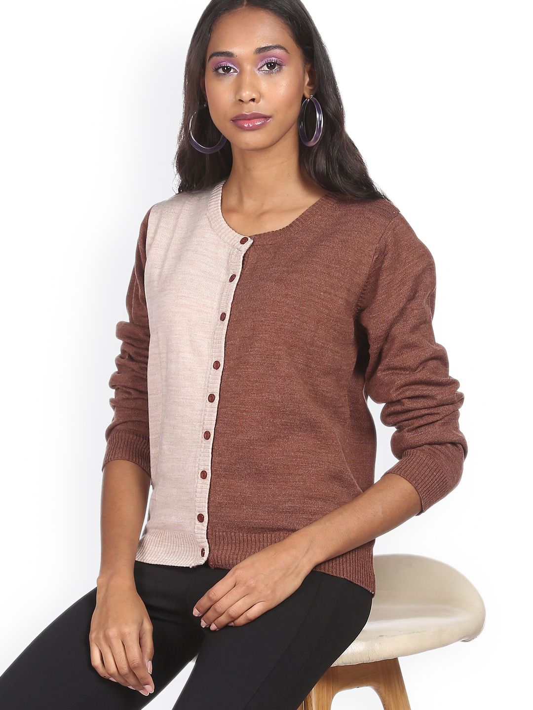 Sugr Women Beige & Brown Colourblocked Cardigan Sweater Price in India