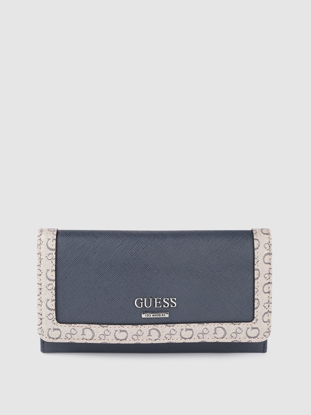 GUESS Women Navy Blue & Cream-Coloured Saffiano Textured Three Fold Wallet Price in India