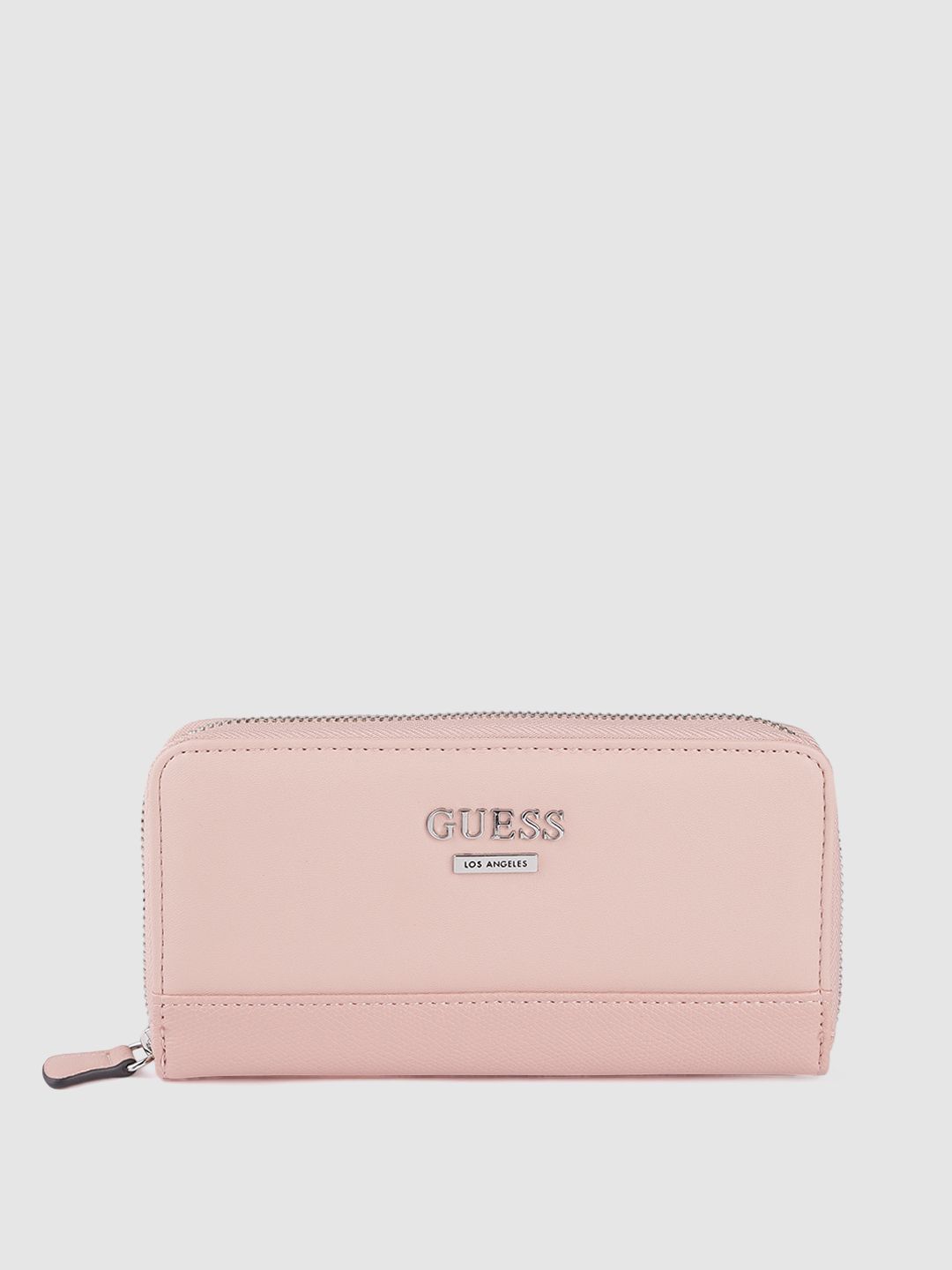 GUESS Women Peach-Coloured Solid Zip Around Wallet Price in India