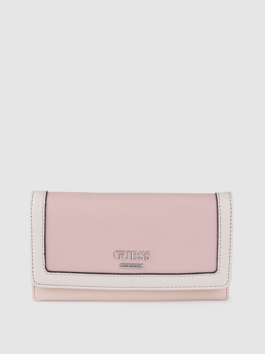 GUESS Women Dusty Pink & Off-White Saffiano Textured Three Fold Wallet Price in India