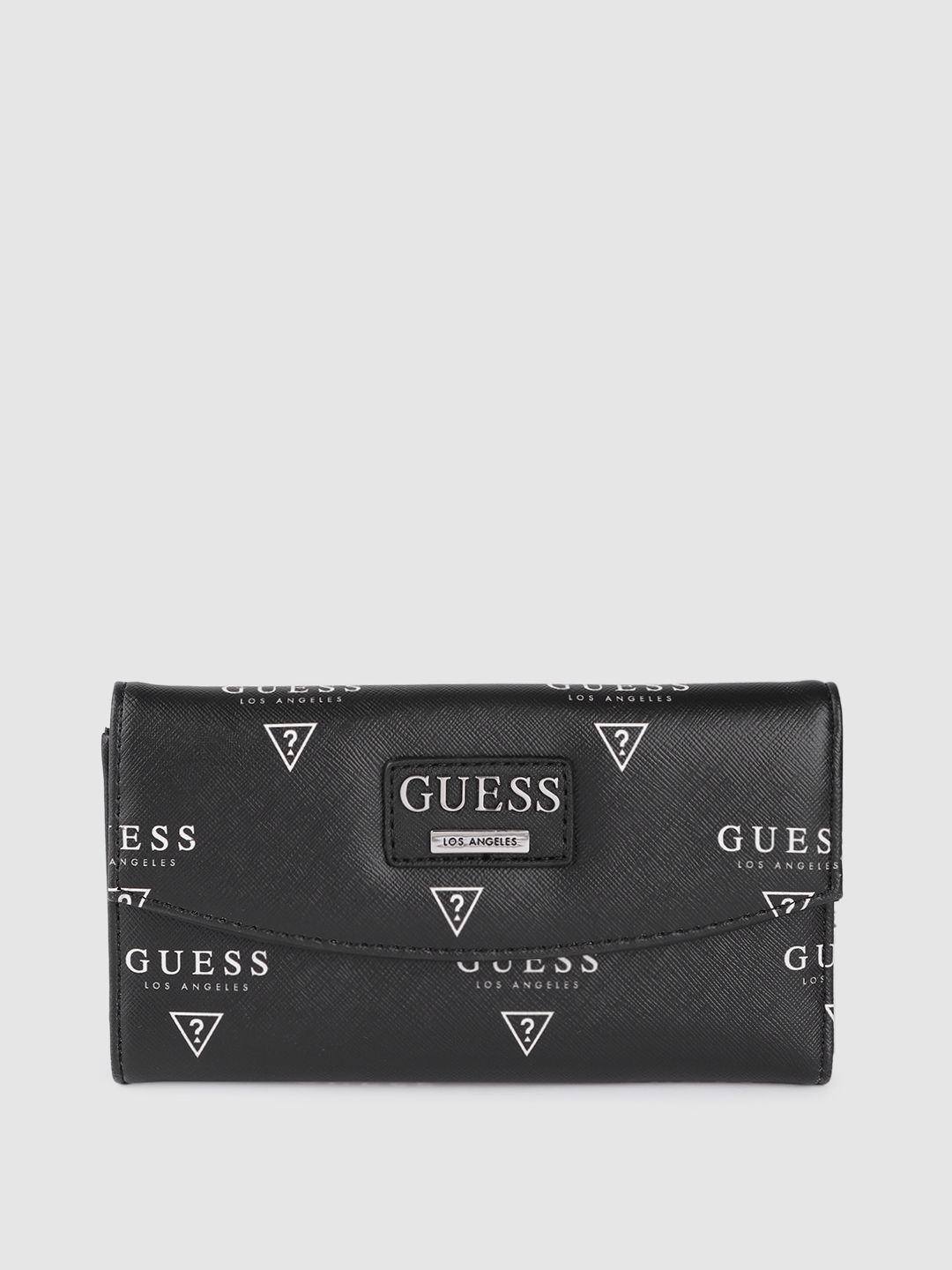 GUESS Women Black & White Brand Logo Print Three Fold Wallet Price in India