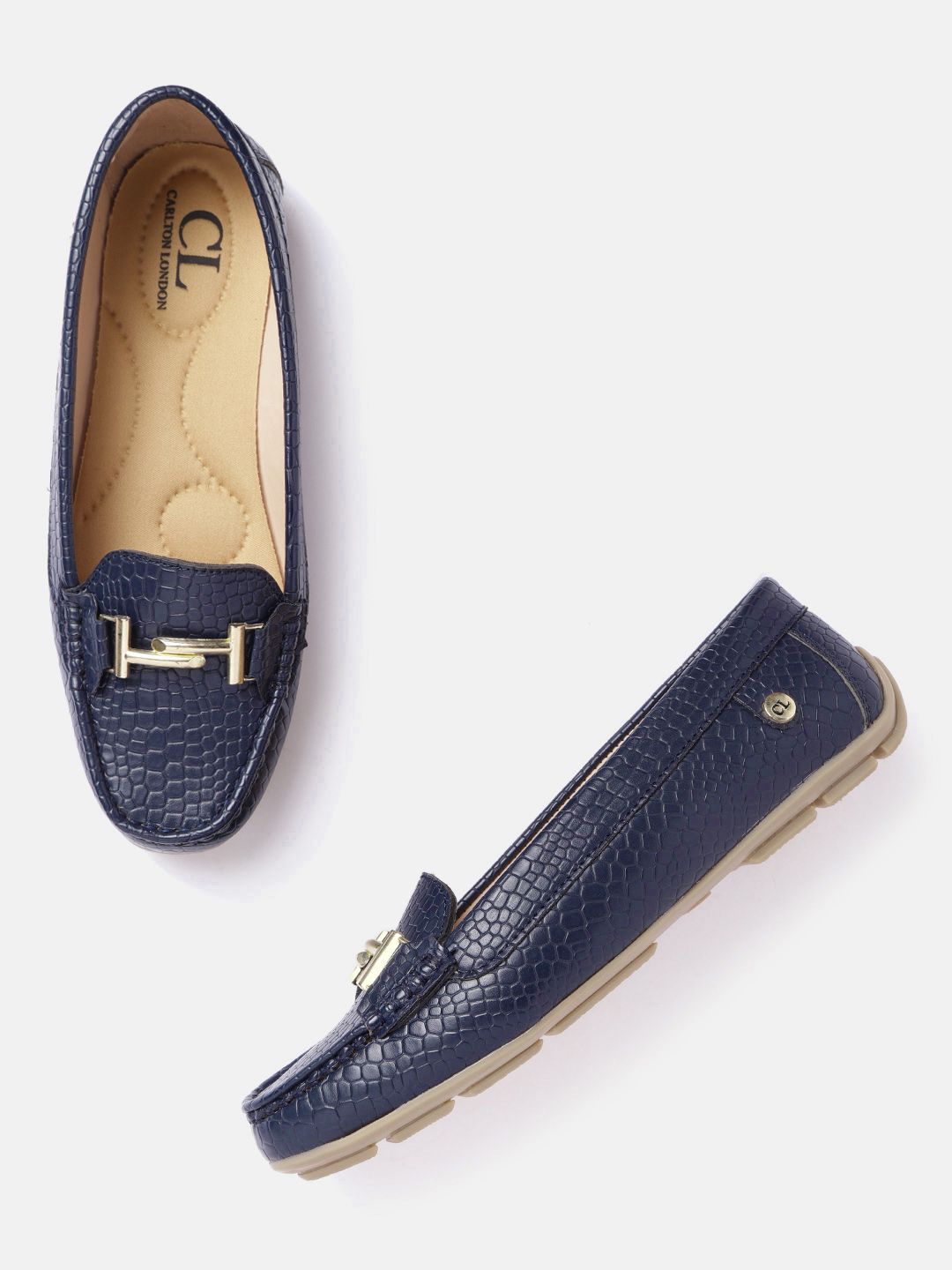 Carlton London Women Navy Blue Croc Textured Driving Shoes Price in India