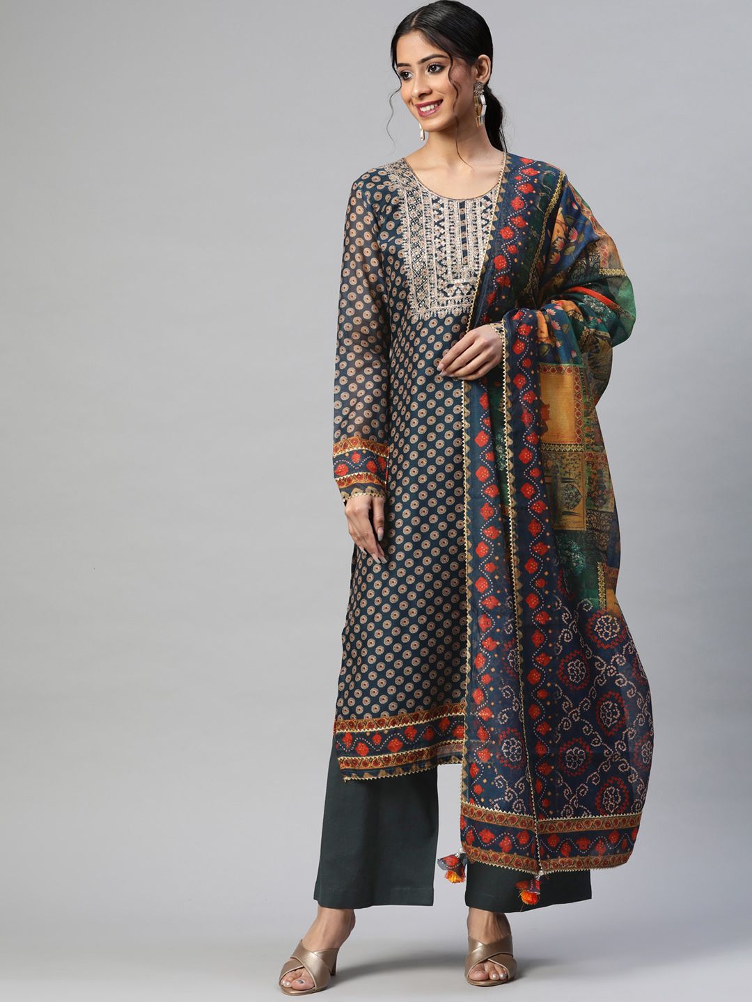 Readiprint Fashions Navy Blue & Beige Printed Unstitched Dress Material Price in India