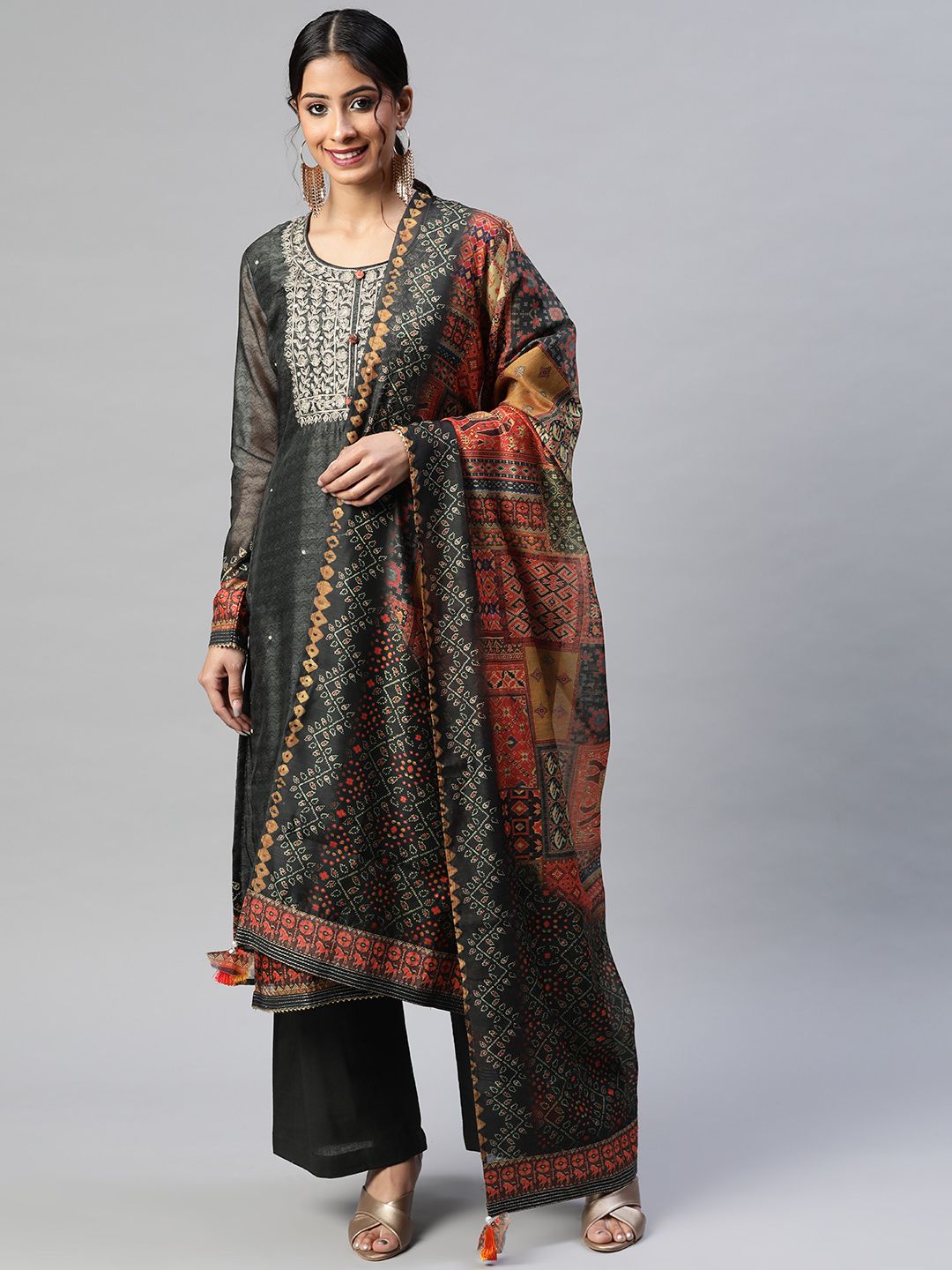 Readiprint Fashions Black & Orange Embroidered Unstitched Dress Material With Potli Price in India