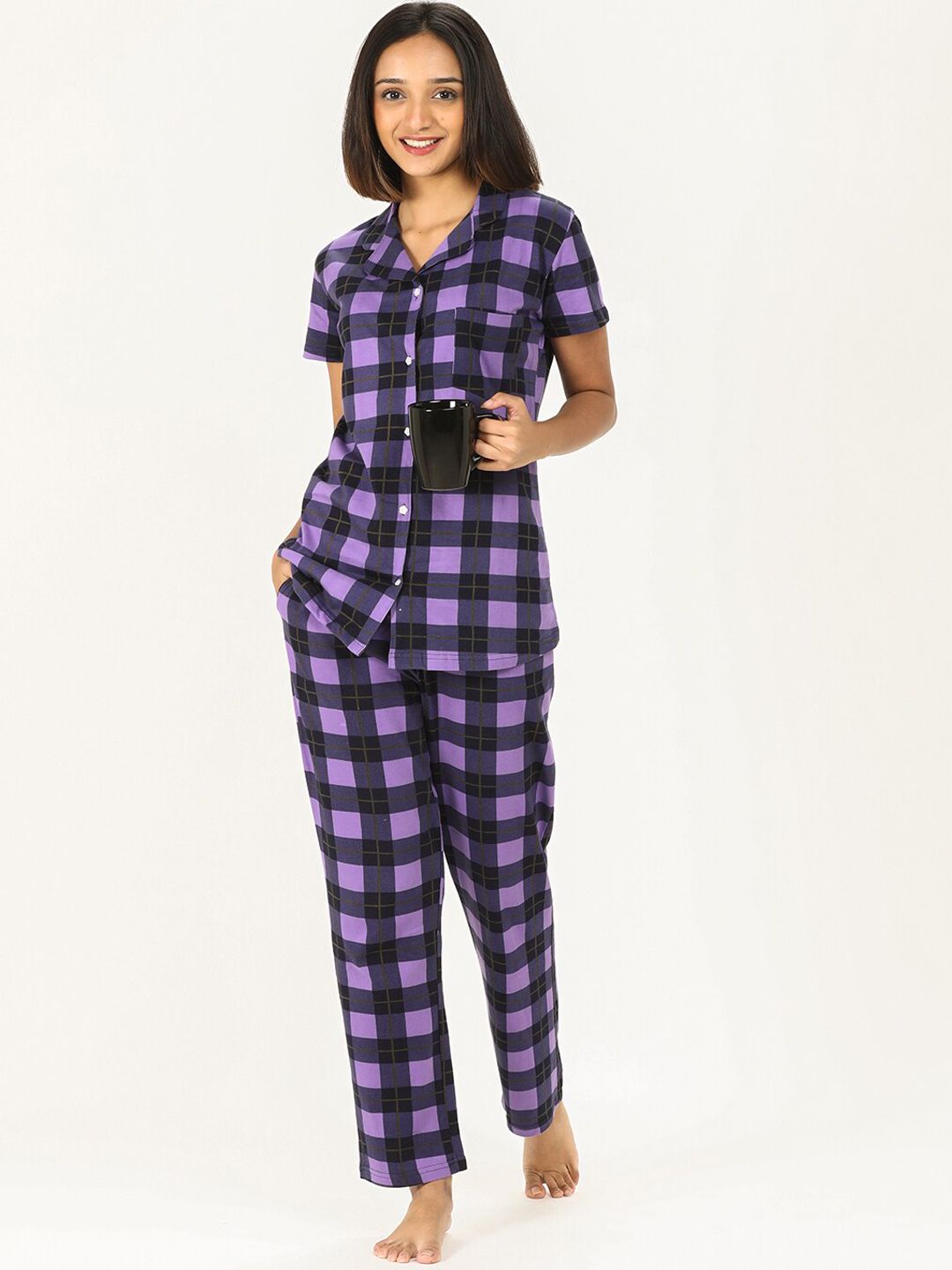 evolove Women Purple & Black Checked Night Suits Price in India