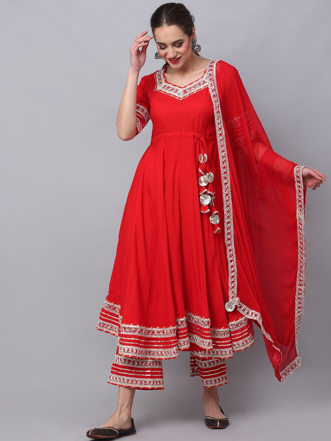 Rudra Bazaar Women Red Floral Embroidered Gotta Patti Kurta With Palazzos & With Dupatta Price in India