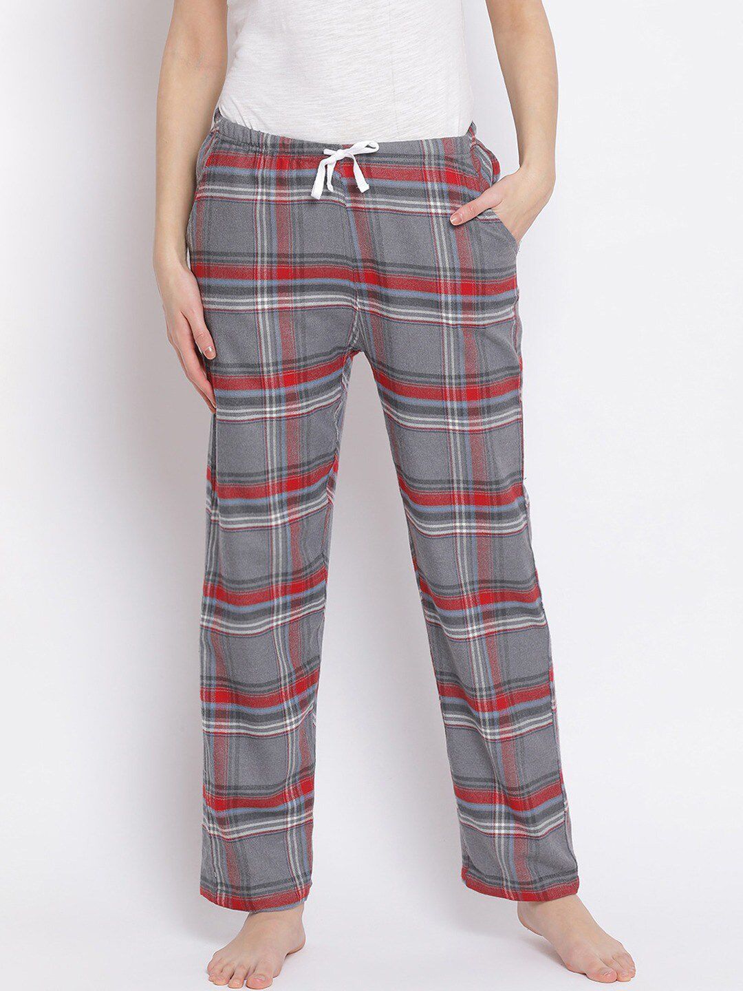Kanvin Women Grey & Red Checked Pure Cotton Lounge Pants Price in India