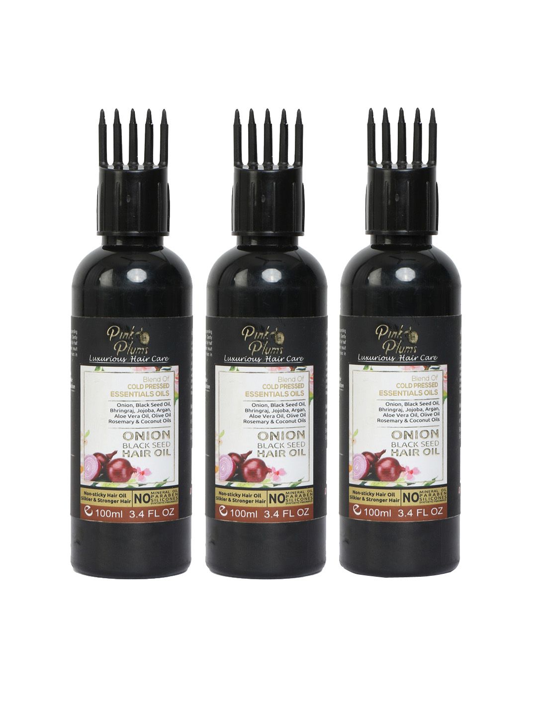 Pink Plums Set of 3 Luxurious Hair Care Non-Sticky Onion Black Seed Hair Oil 100 ml Each Price in India