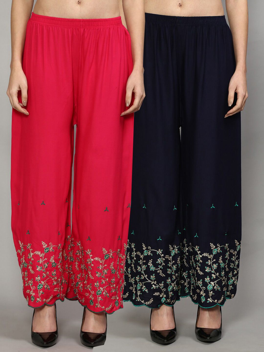 GRACIT Women Pink & Navy Blue Set of 2 Floral Embroidered Flared Knitted Ethnic Palazzos Price in India