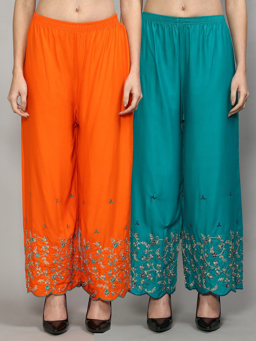 GRACIT Women Orange & Blue Set of 2 Floral Printed Flared Knitted Ethnic Palazzos Price in India