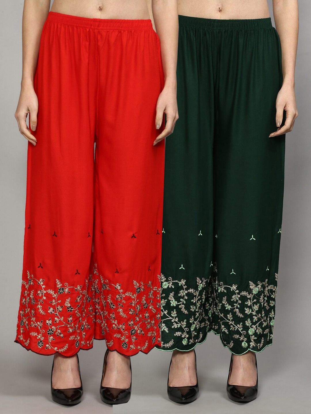 GRACIT Women Red & Green Floral Embroidered Ethnic Palazzos Set Of 2 Price in India