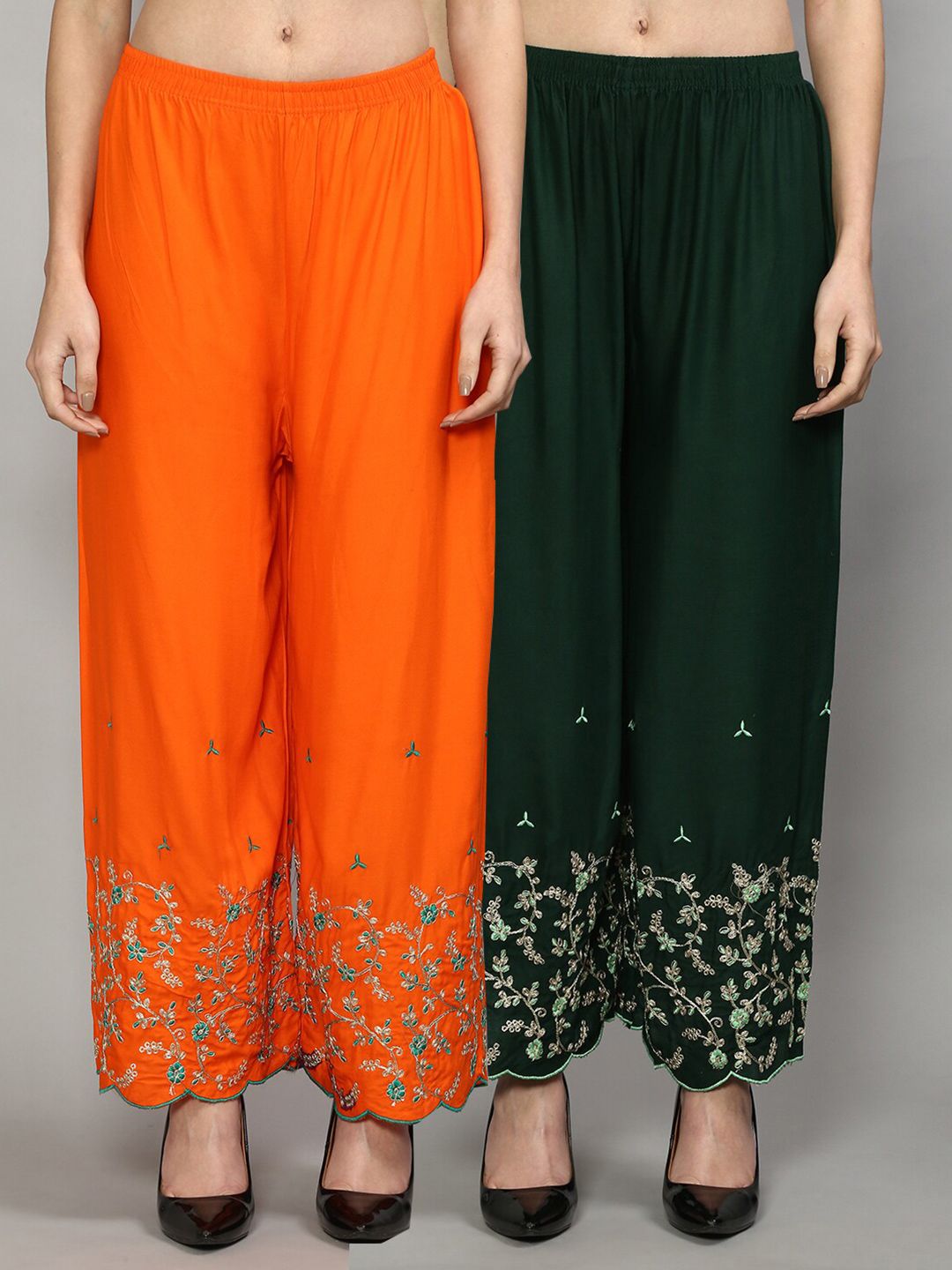 GRACIT Women Orange & Green 2 Floral Embroidered Knitted Ethnic Palazzos Price in India