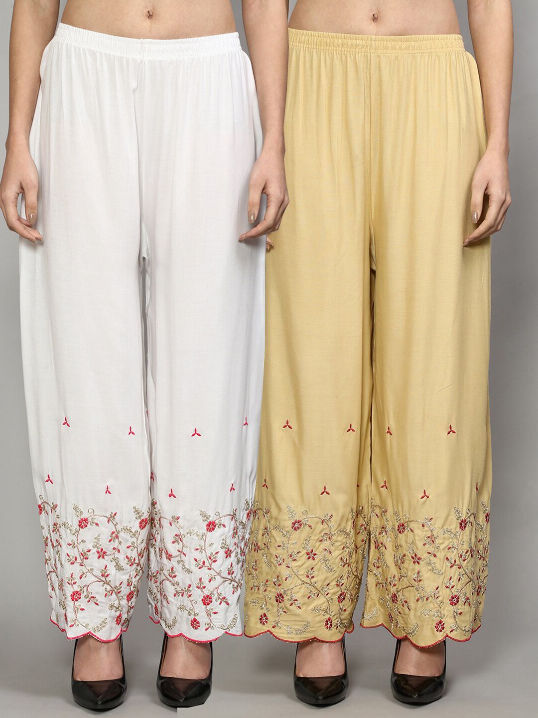 GRACIT Women White & Tan Set of  2 Floral Embroidered Flared Knitted Ethnic Palazzos Price in India