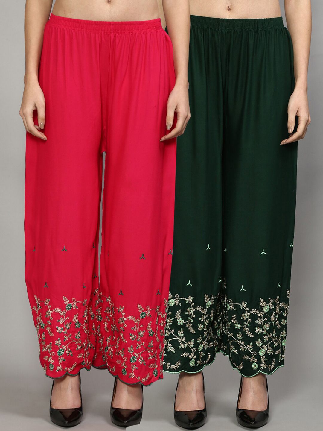 GRACIT Women Pink & Green Floral Embroidered Flared Ethnic Palazzos Set Of 2 Price in India