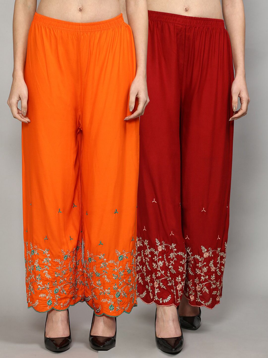 GRACIT Women Orange & Red 2 Floral Embroidered Knitted Ethnic Palazzos Price in India