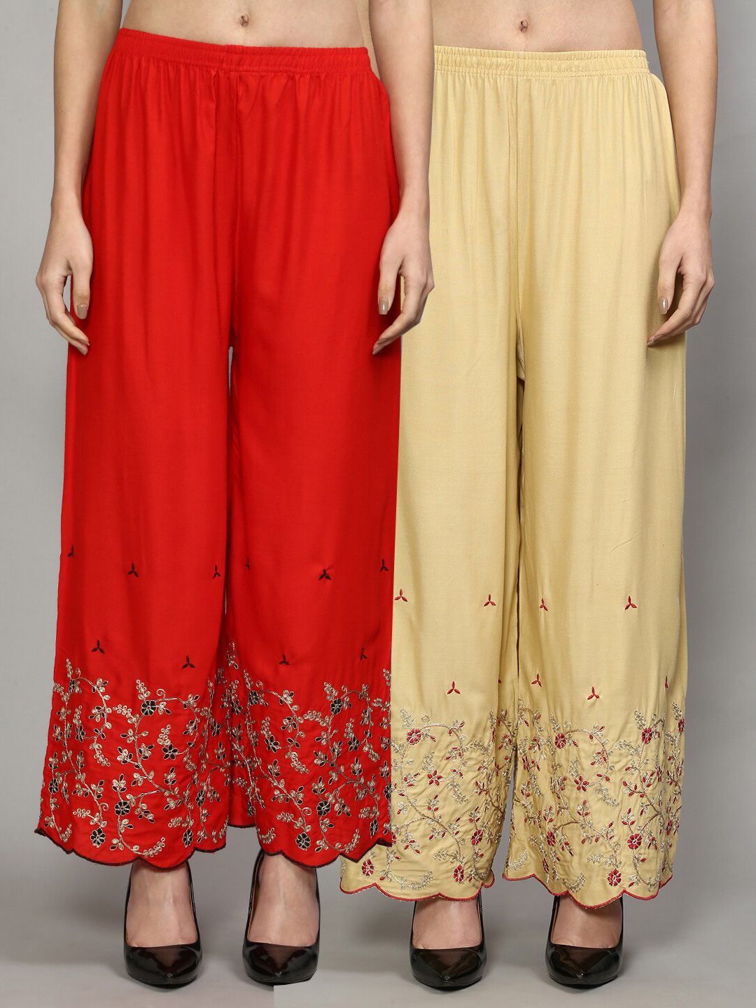 GRACIT Women Red & Coral 2 Floral Embroidered Flared Knitted Ethnic Palazzos Price in India