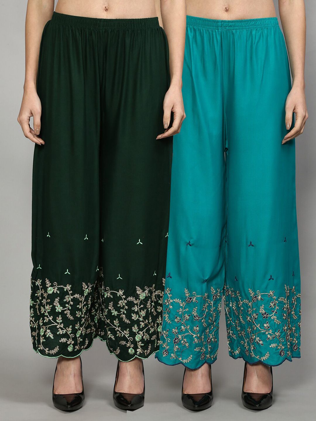 GRACIT Women Green & Turquoise Blue Set of 2 Floral Embroidered Flared Ethnic Palazzos Price in India