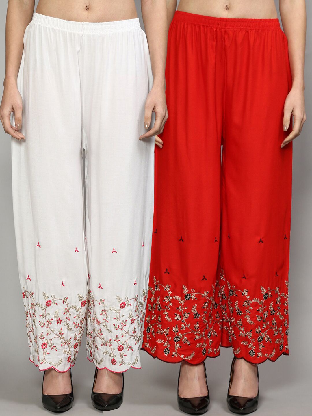 GRACIT Women White & Red Set of 2 Floral Embroidered Flared Knitted Ethnic Palazzos Price in India