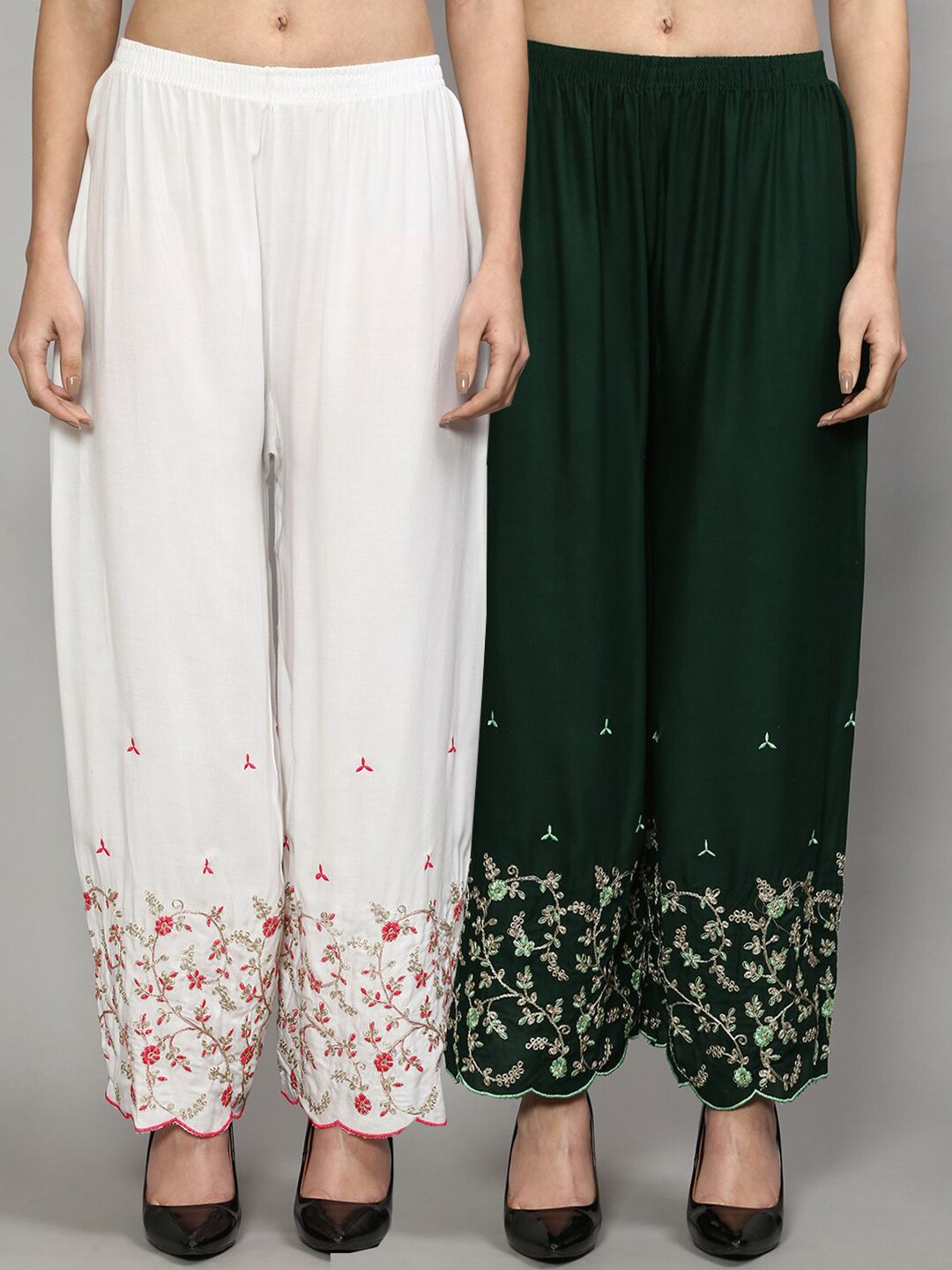 GRACIT Women White & Green Floral Embroidered Flared Ethnic Palazzos Set Of 2 Price in India