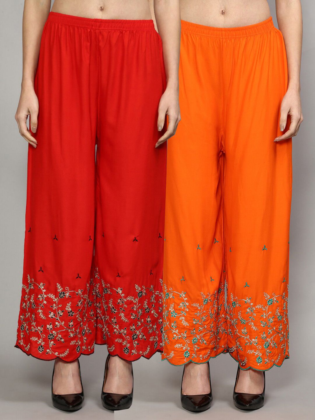 GRACIT Women Set of 2 Red & Orange Floral Embroidered Flared Knitted Ethnic Palazzos Price in India