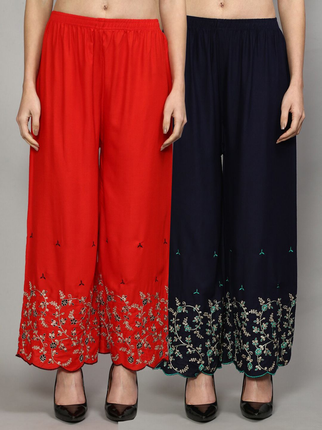 GRACIT Women Red & Navy Blue 2 Floral Embroidered Knitted Ethnic Palazzos Price in India